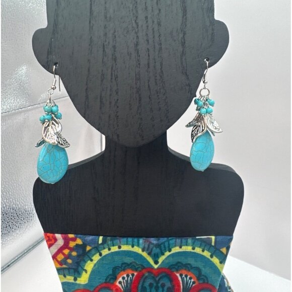 2/$24 Turquoise Teardrop Dangle Earrings With Silver Leaf & Bead Accents - Picture 5 of 6
